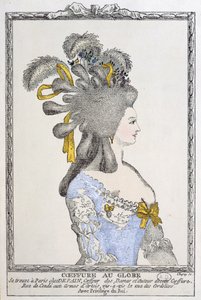Coiffure au Globe, cca 1780 (barevná rytina) od Chapuy